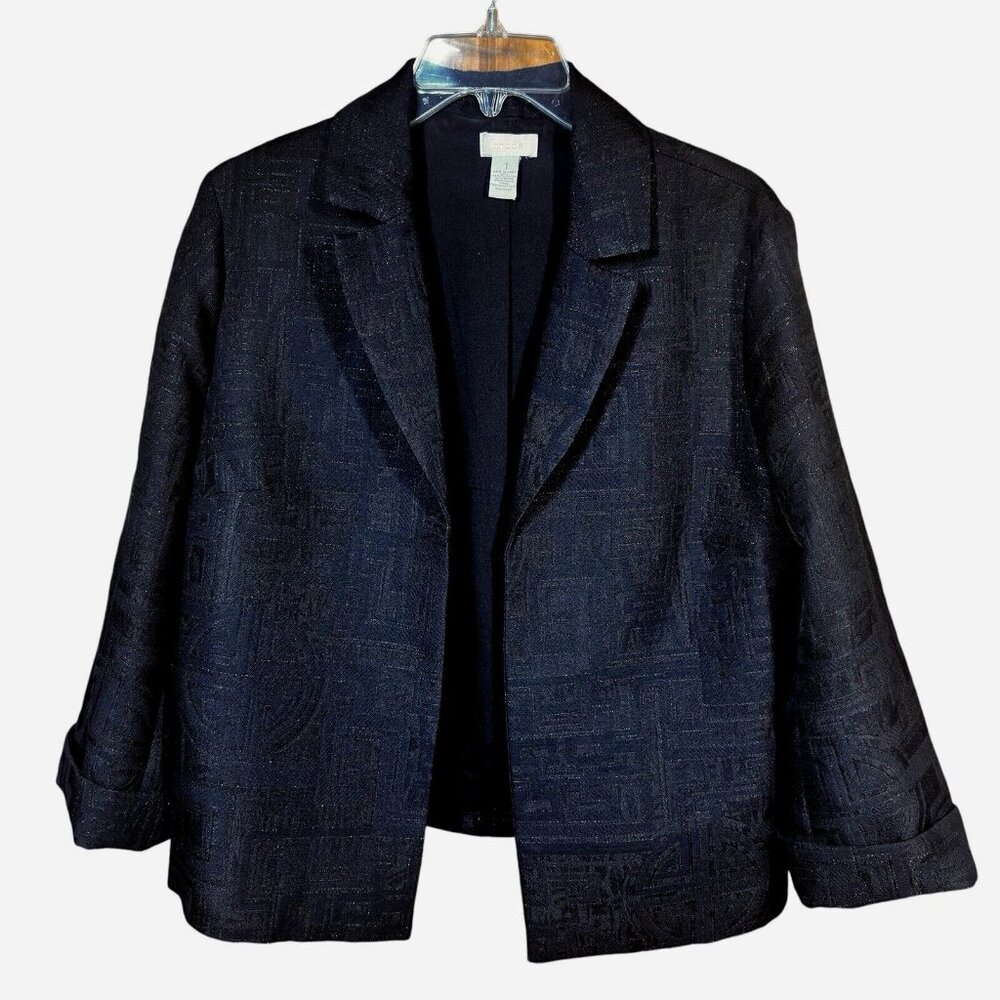 Chico’s Asian Inspired Metallic Blazer Black Silver Chinoiserie Quiet Luxury Sz1